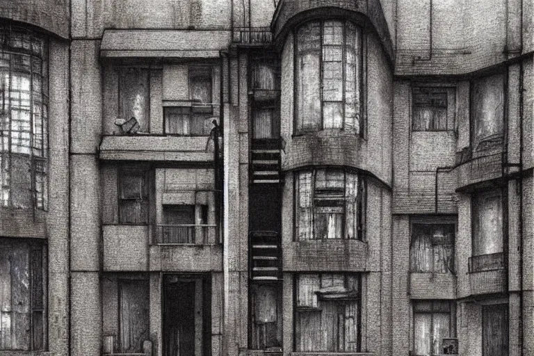 Image similar to cyberpunk, an estate agent listing photo, external view of a 1 bed flat in London, by Beksinski