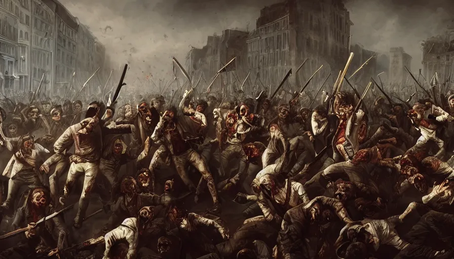 Image similar to Zombie attack during the French Revolution in 1789, hyperdetailed, artstation, cgsociety, 8k