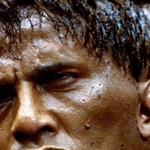 Image similar to film still, close up, dwayne johnson rising out of muddy vietnam river, face covered in mud, low camera angle at water level, night time, film still from apocalypse now ( 1 9 7 9 ), 2 6 mm