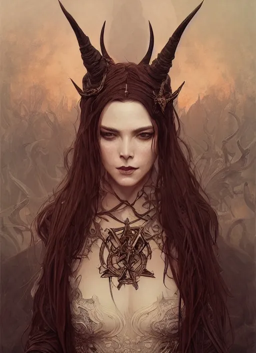 Image similar to a beautiful illustration of a satanic witch with horns in head, intricate, sharp focus, illustration, highly detailed, digital painting, concept art, matte, art by wlop and artgerm and greg rutkowski and alphonse mucha, masterpiece