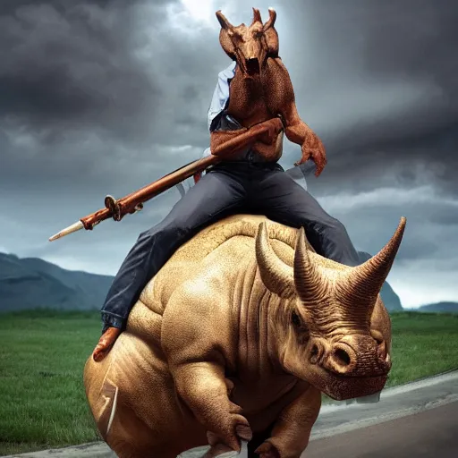 Image similar to Vladimir Putin riding a triceratops, digital art, trending on artstation, 8k, hyper realistic