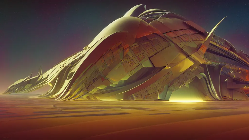 Image similar to digital render space science fiction digital painting. symmetry. bruce pennington. zaha hadid. beeple. john schoenher. syd mead. alphonse mucha. tim mcburnie