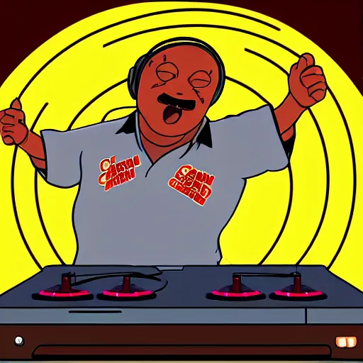 Image similar to svg sticker of a Dancing-Cleveland Brown, at a rave, spinning records, giant headphones rocking out, wearing headphones, huge speakers, dancing, rave, DJ, spinning records, digital art, amazing composition, rule-of-thirds, award-winning, trending on artstation, featured on deviantart