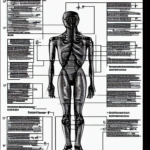 Image similar to technical blueprint of a human made by a non-biological alien species