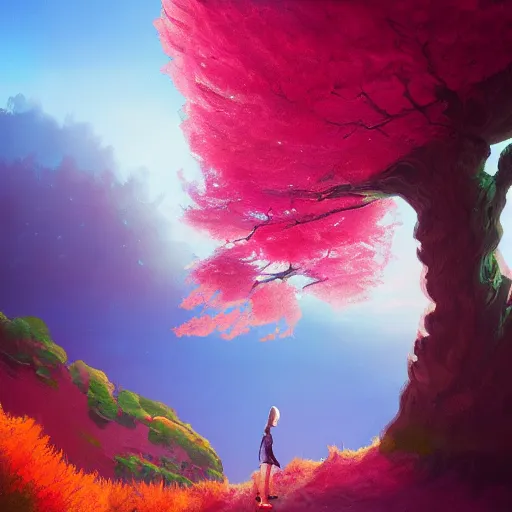 Image similar to giant cherry tree as a head, girl walking in a canyon, surreal photography, sunrise, dramatic light, impressionist painting, colorful clouds, digital painting, artstation, simon stalenhag