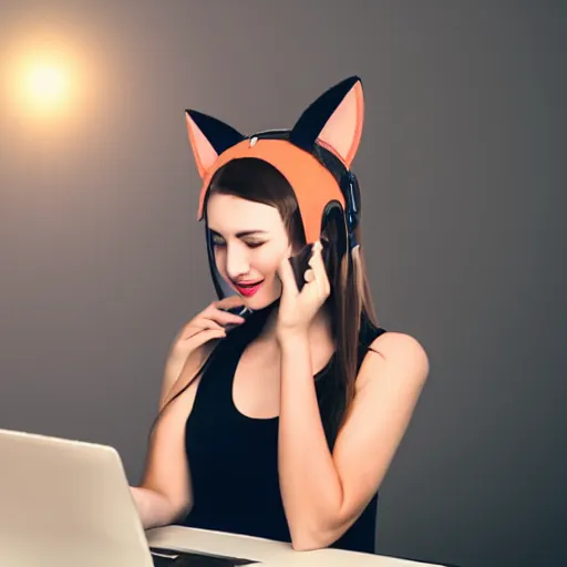 Image similar to cute woman wearing tank top and cat ears plays on computer, smooth art, sun flare