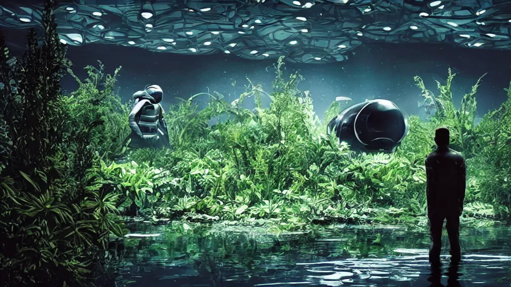 Prompt: Futuristic astronaut in an empty dark flooded ballroom overgrown with aquatic plants, film still from the movie directed by Denis Villeneuve with art direction by Salvador Dalí, wide lens