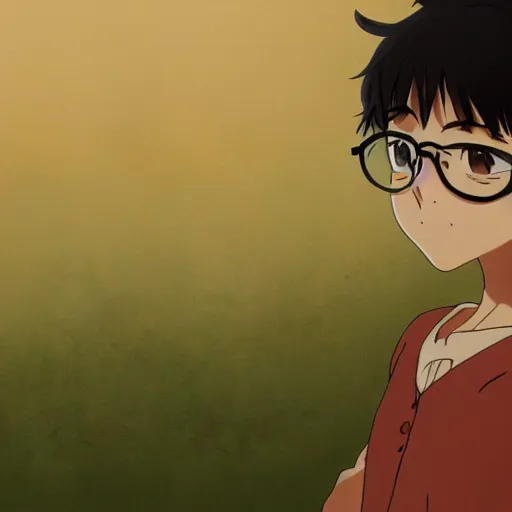 Prompt: anime, incredible wide screenshot, ultrawide, realist proportions, paper texture, intricate, very detailed, studio ghibli movie scene, girl wearing a green shirt and harry potter glasses with a curly hair, fog
