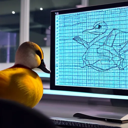 Prompt: a duck in a lab looking at molecule diagrams on a screen, the duck sits at a table, super resolution, 8k