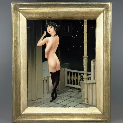 Image similar to paul gustav fischer painting of an anime woman photo, direct flash photography at night, film grain