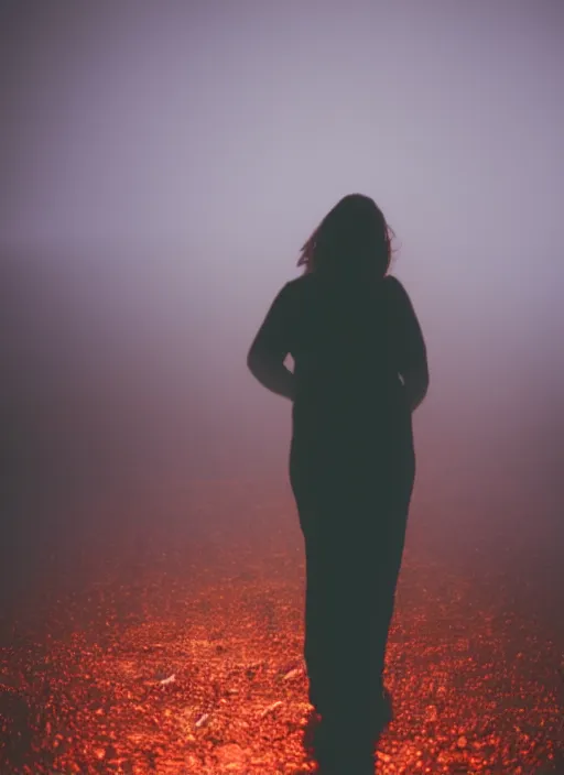 Image similar to a dark female silhouette, bright glowing translucent aura, fog, film grain