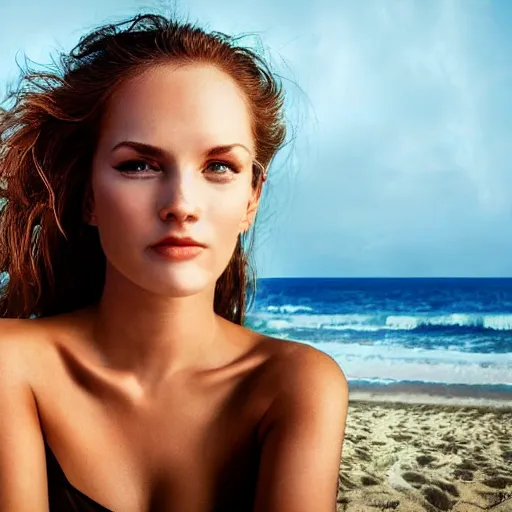 Image similar to realistic portrait of a beautiful woman in the beach, stunning akt photograph, very detailed, hd, 8k, 4k