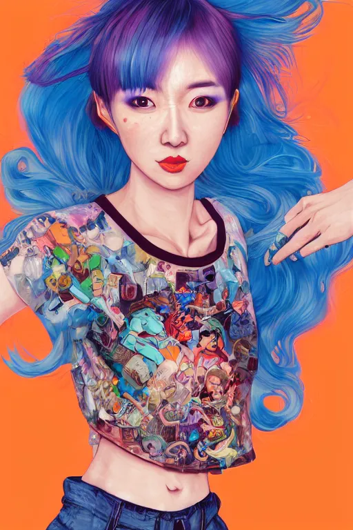 Image similar to a award winning half body portrait of a beautiful woman in a croptop and cargo pants with ombre orange blue teal hairstyle with head in motion and hair flying by yoshii chie and hikari shimoda and martine johanna and will eisner, outrun, vaporware, digital art, trending on artstation, highly detailed, fine detail, intricate