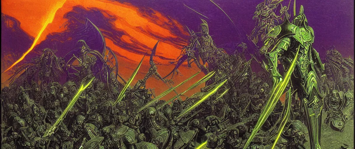 Prompt: composition of gothic and futuristic, warhammer, cyber fight armor, more and more scars, thunderstorm, firestorm, orange head, some green and purple, yellow, the middle ages, highly detailed, artstation, in the style of moebius, jugendstil and classic japanese print, art by jean delville