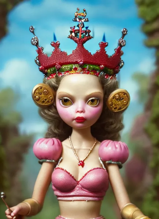 Image similar to highly detailed closeup, profile portrait of a tin toy fairytale princess wearing a crown eating cakes, bikini, unreal engine, nicoletta ceccoli, mark ryden, earl norem, lostfish, global illumination, detailed and intricate environment