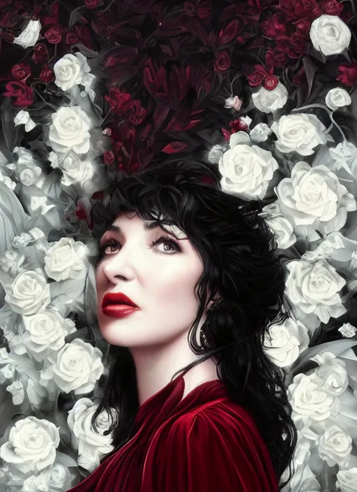 Prompt: portrait of kate bush against a red velvet background, lush black hair, pale skin, white roses, flowing material, intricate, beautiful cinematic lighting, stunning painting by artgerm, caravaggio, android jones, wadim kashin