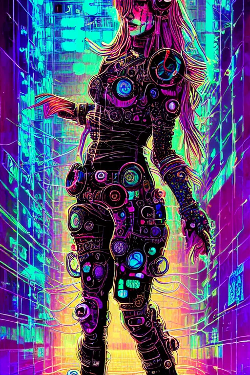 Image similar to dreamy cyberpunk girl with punky boots, abstract background, digital nodes, beautiful woman, detailed acrylic, grunge, intricate complexity, by dan mumford and by damien hirst