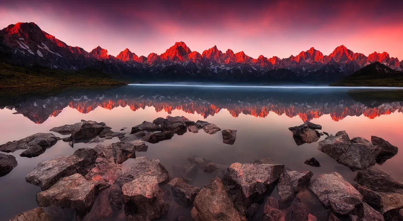 Image similar to amazing landscape photo of mountains with lake in sunset by marc adamus, beautiful dramatic lighting