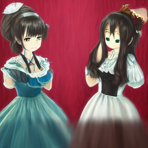 Image similar to a serious stare down between two beautiful maids standing face to face, detailed anime art