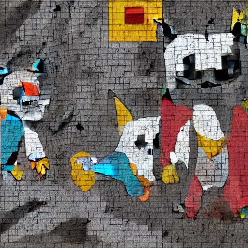 Image similar to Mimikyu pokemon Pompeii mosaic, color, broken, cinematic, render, 4k