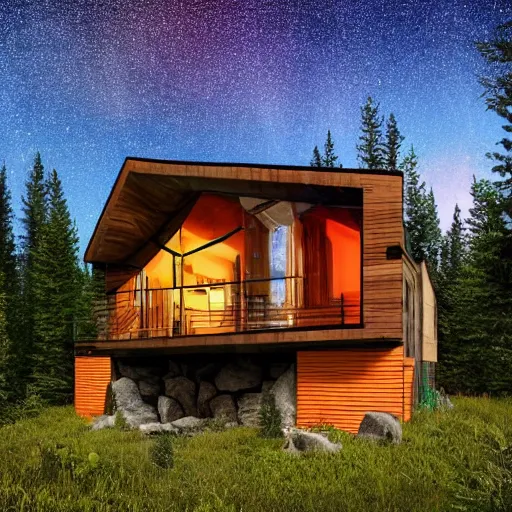 Prompt: A cozy modern styles cabin in the middle of the forest, animals thrive in the forest, aurora is visible above, the stars glisten above, realistic photography, cool vibrant colors, award winning photo n-9