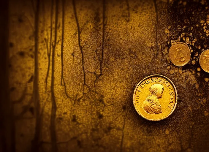 Image similar to old retro burnt out sepia photograph with scratches of an old and wrinkled hand holding a few golden coins with royal engravings. magical forest in the background with bokeh. Antique. High quality 8k. Intricate. Sony a7r iv 35mm. Award winning. Zdzislaw beksinski style