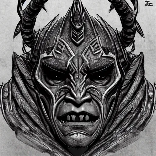 Prompt: an orc with horns etched with maze designs, trending on artstation