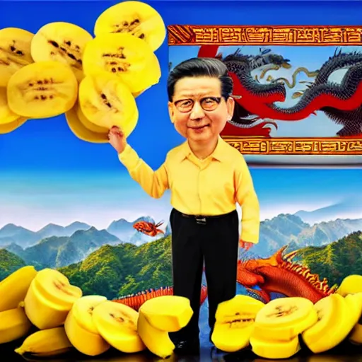 Prompt: Chinese president with bananas, dragon, mountains background, epic stance, battle