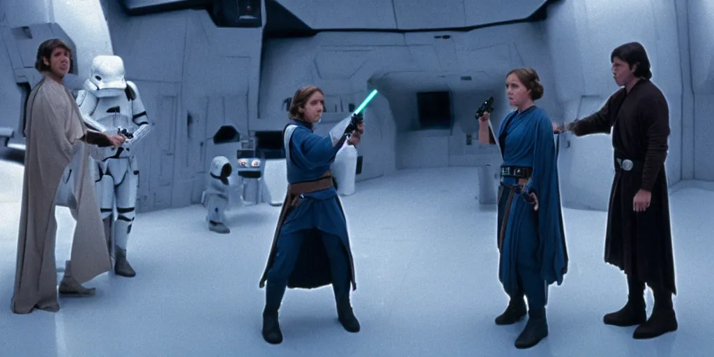 Image similar to screenshot from unreleased Star Wars film, Jedi Luke Skywalker played by Mark Hammil teaches Princess Leia the ways of the force, they stand in a jedi Temple, 1970s film by Stanely Kubrick film, color kodak, Ektachrome, anamorphic lenses, detailed faces, hyper-realistic, photoreal, detailed portrait, moody cinematography, strange lighting