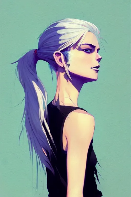 Image similar to a ultradetailed beautiful painting of a stylish woman in with white hair in a ponytail, she is wearing a black tank top and jeans, by conrad roset, greg rutkowski and makoto shinkai trending on artstation