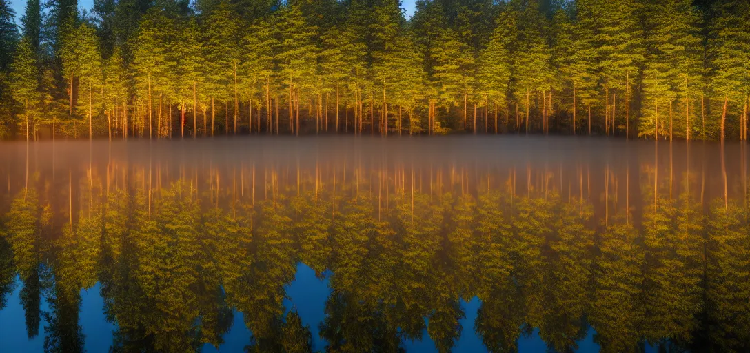 Prompt: faceted roof planes lift and descend creating shade and architectural expression, highly detailed, situated in the forest, next to a highly reflective lake, at dusk, vivid color, 4 k photography, mist