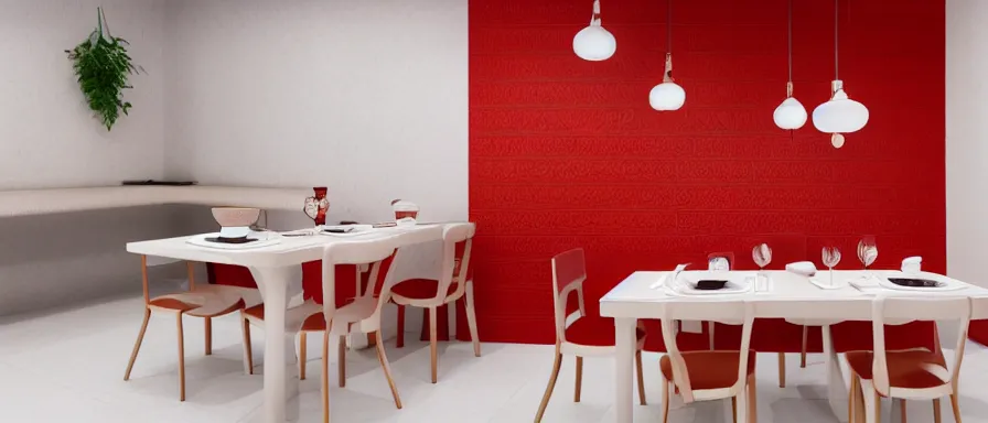 Image similar to a beautiful simple interior render of small roasted string hotpot restaurant restaurant yan'an, wall corner, from china, red paper wall and white tile floor, rectangle white porcelain table, fine simple delicate structure, chinese style, simple composition, simple style structure decoration design, victo ngai, 4 k hd