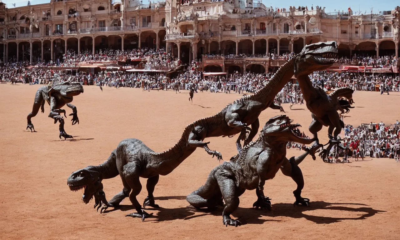 Image similar to a toreador facing off against a t - rex in the plaza de toros, madrid. extreme long shot, midday sun, kodachrome