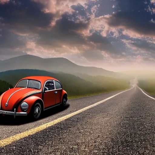 Image similar to promotional scifi - mystery movie scene of a ( volkswagen beatle ) and ladybug hybrid that's more ladybug. racing down a dusty back - road in smokey mountains tennessee. cinematic, 4 k, imax, 7 0 mm, hdr