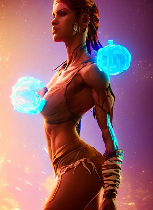 Image similar to glowwave portrait of a beautiful muscular girl's body, borderlands 3, au naturel, hyper detailed, digital art, trending in artstation, cinematic lighting, studio quality, smooth render, unreal engine 5 rendered, octane rendered, art style by klimt and nixeu and ian sprigger and wlop and krenz cushart.