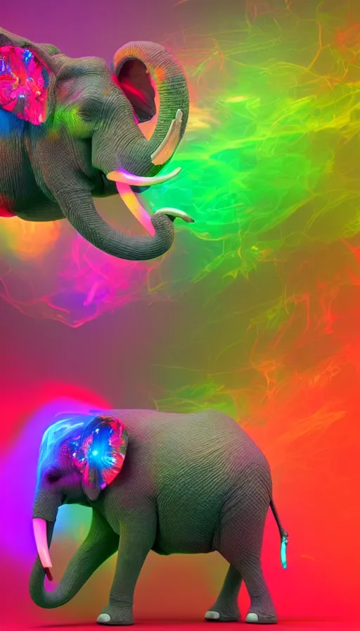 Image similar to 8K UHD Houdini render of crystalpunk mysterywave biocore herbalmancer elephant, background bioluminescent swirling wisps, red yellow green blue smoke gradient palette, volumetric lighting, 18 mm lens