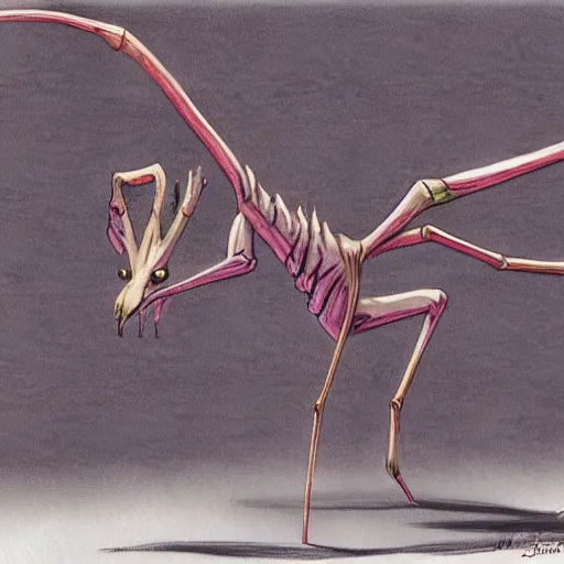 Prompt: antropromorphic stick insect, stick insect standing and talking like a human being, fantasy concept art, drawing by Don Bluth