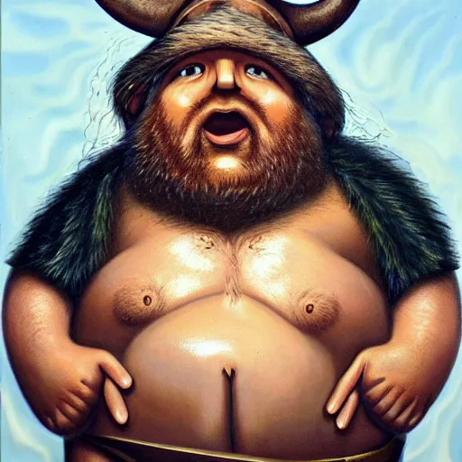 Prompt: chubby viking man, with hairy nipples, painted by ron arad and steve argyle