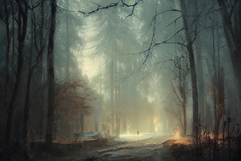 Prompt: A beautiful painting of russian village in dark forest by greg rutkowski, trending on artstation,matte painting