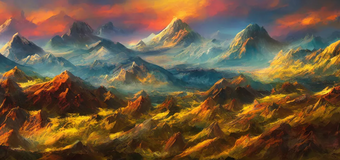 Image similar to vast mountain landscape, craggy mountains, magic the gathering, three - colors, three - color color palette, panoramic, wide angle, horizon, highly detailed