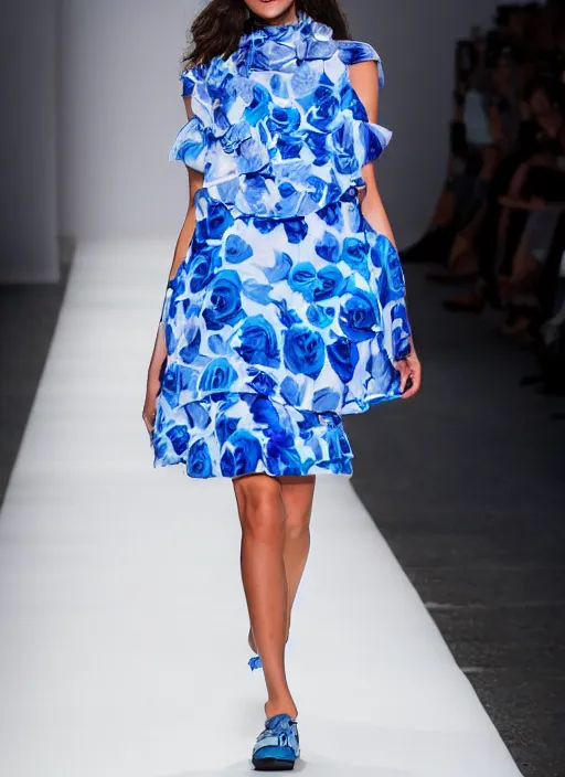 Image similar to full shot of beautiful model on runway wearing a blue roses dress in the style of issey miyake