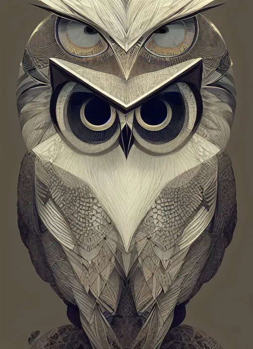 Image similar to portrait of a geometric owl, identical eyes, medium shot, illustration, full body made of white feathers, symmetrical, art stand, super detailed, cinematic lighting, and its detailed and intricate, gorgeous, by peter mohrbacher