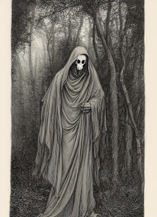 Prompt: faceless grim reaper with veil over face at far distance in beautiful forest, detailed pencil illustration by gustave dore, highly detailed, centered, high resolution, smooth, sharp focus, illustration