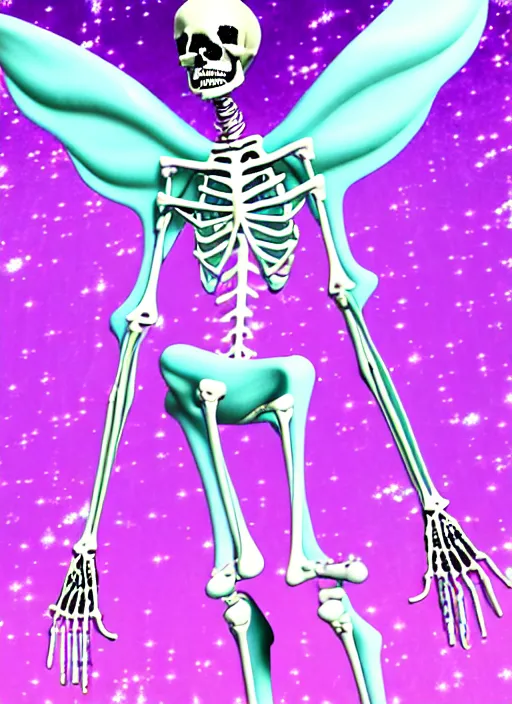 Image similar to a skeletal skinny angel spirit being, covered with pastel glitter glue slime, fashion model pose, full body maximalist cosmic eldritch character design, early computer graphics