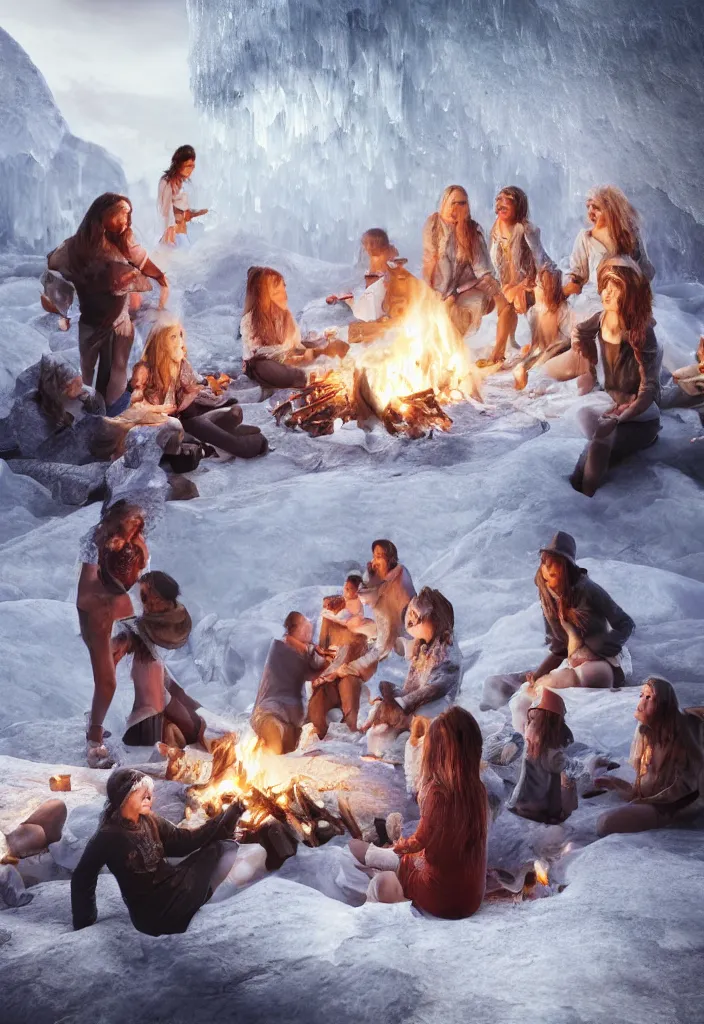 Image similar to realistic white tribe gather around a bonfire with a pregnant woman as her leader, proud people, sharp, ice cave, facinating, fantasy digital art, octane render, beautiful composition, trending on artstation, award - winning photograph, masterpiece