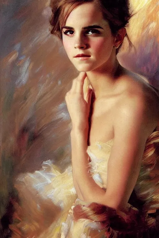 Prompt: detailed portrait of a beautiful emma watson 1 9 8 0 s hairstyle muscular, painting by gaston bussiere, craig mullins, j. c. leyendecker