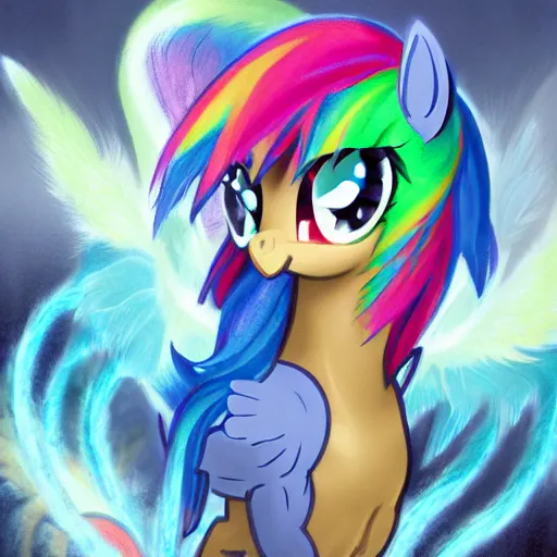 Image similar to portrait of a menacing beautiful Rainbow Dash, short muzzle, pegasus pony mare, top half of body, My Little Pony, by Stanley Artgerm Lau , greg rutkowski, thomas kindkade, alphonse mucha, loish, norman rockwell, J. C. Leyendecker. bright rainbow mane, pastel blue fur, angry complexion, beautiful detailed eyes, black rose frame. D&D, fantasy. Trending on artstation rule of thirds extremely detailed old illustration hd 4k