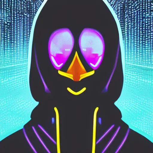 Image similar to penguin in hoodie, portrait, vaporwave, synthwave, neon, vector graphics, cinematic, volumetric lighting, f 8 aperture, cinematic eastman 5 3 8 4 film, photorealistic