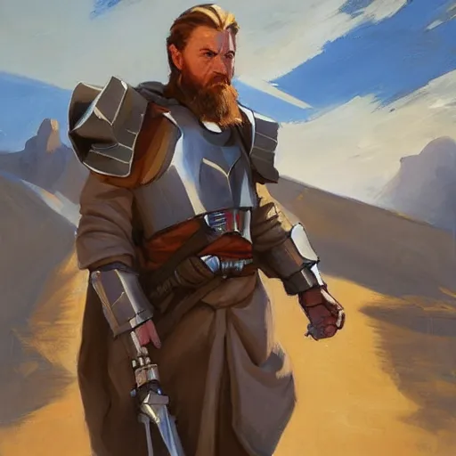 Prompt: greg manchess portrait painting of armored obi wan kenobi as overwatch character, medium shot, asymmetrical, profile picture, organic painting, sunny day, matte painting, bold shapes, hard edges, street art, trending on artstation, by huang guangjian and gil elvgren and sachin teng