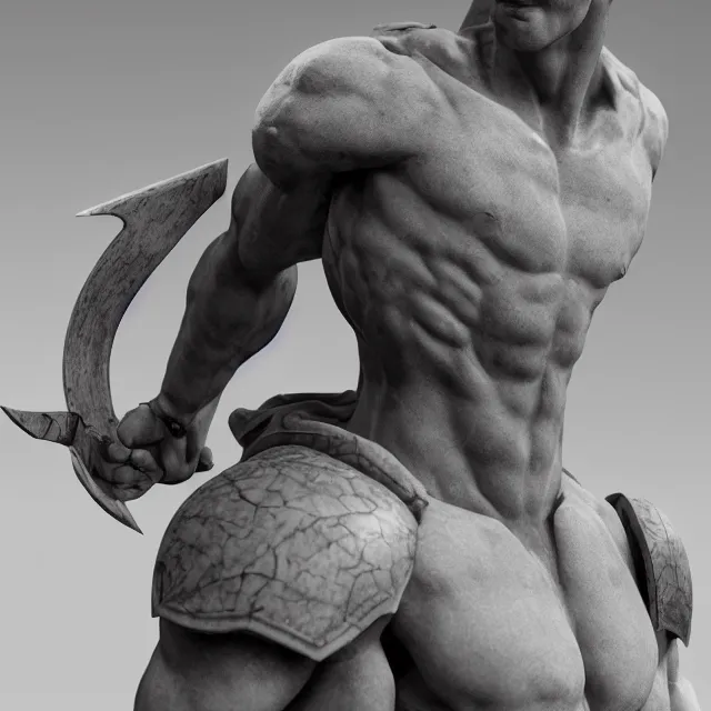 Image similar to marble sculpture of a male warrior elf, realistic, unreal engine render, octane render, hyper realistic, photo, 8 k, cinematic lighting